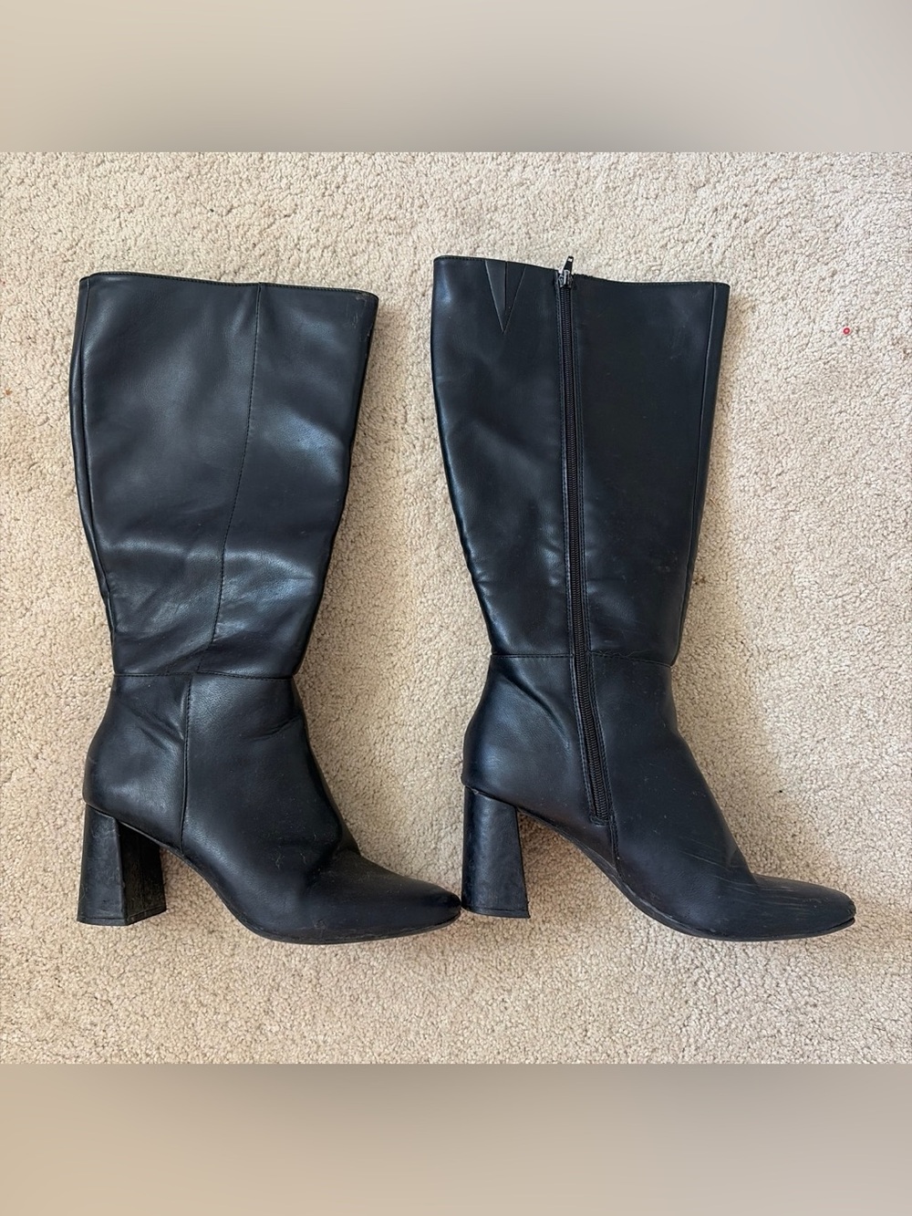Sugar Black Leather Knee-High Block Heel Boots